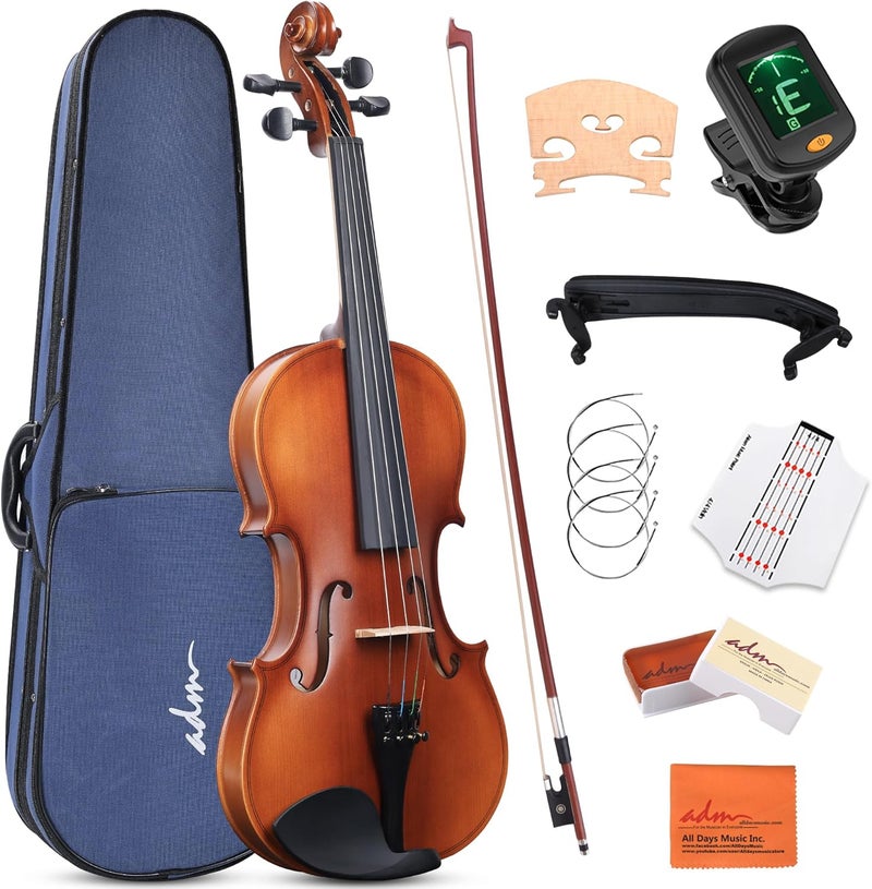 ADM 3/4 Size Wood Violin Set for Kids Teens Students Adults Beginner Acoustic Violin Matte Fiddle Starter Kit with Hard Case, Rosin, Shoulder Rest, Bow, Clip-on Tuner and Fingerboard Sticker - Image 1